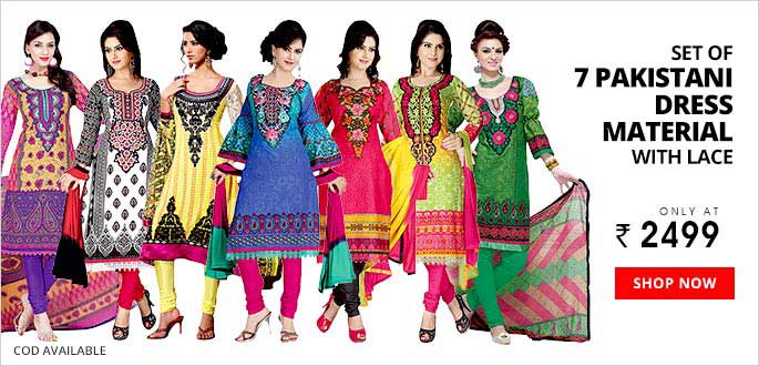 Naaptol Rs.200 off on Set of 7 Pakistani Dress Material with Lace ...